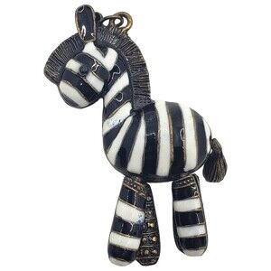 Vintage Large Articulated Zebra Pendant Stripe Enameled Brass